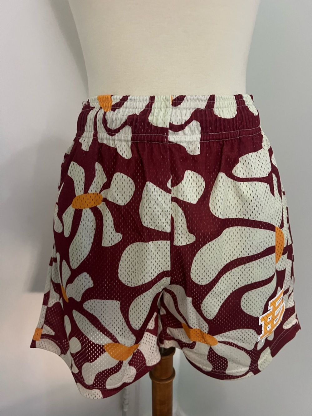 Eric Emanuel Maroon Mesh Shorts with Cream Floral and Gold Accents